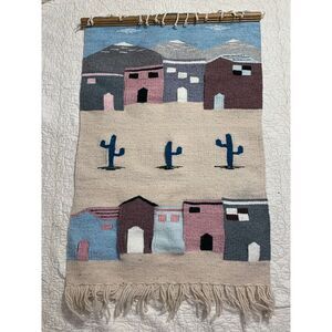 Vintage Handmade Latin American Mexican Wool Tapestry Pastel Kilim Desert Cactus